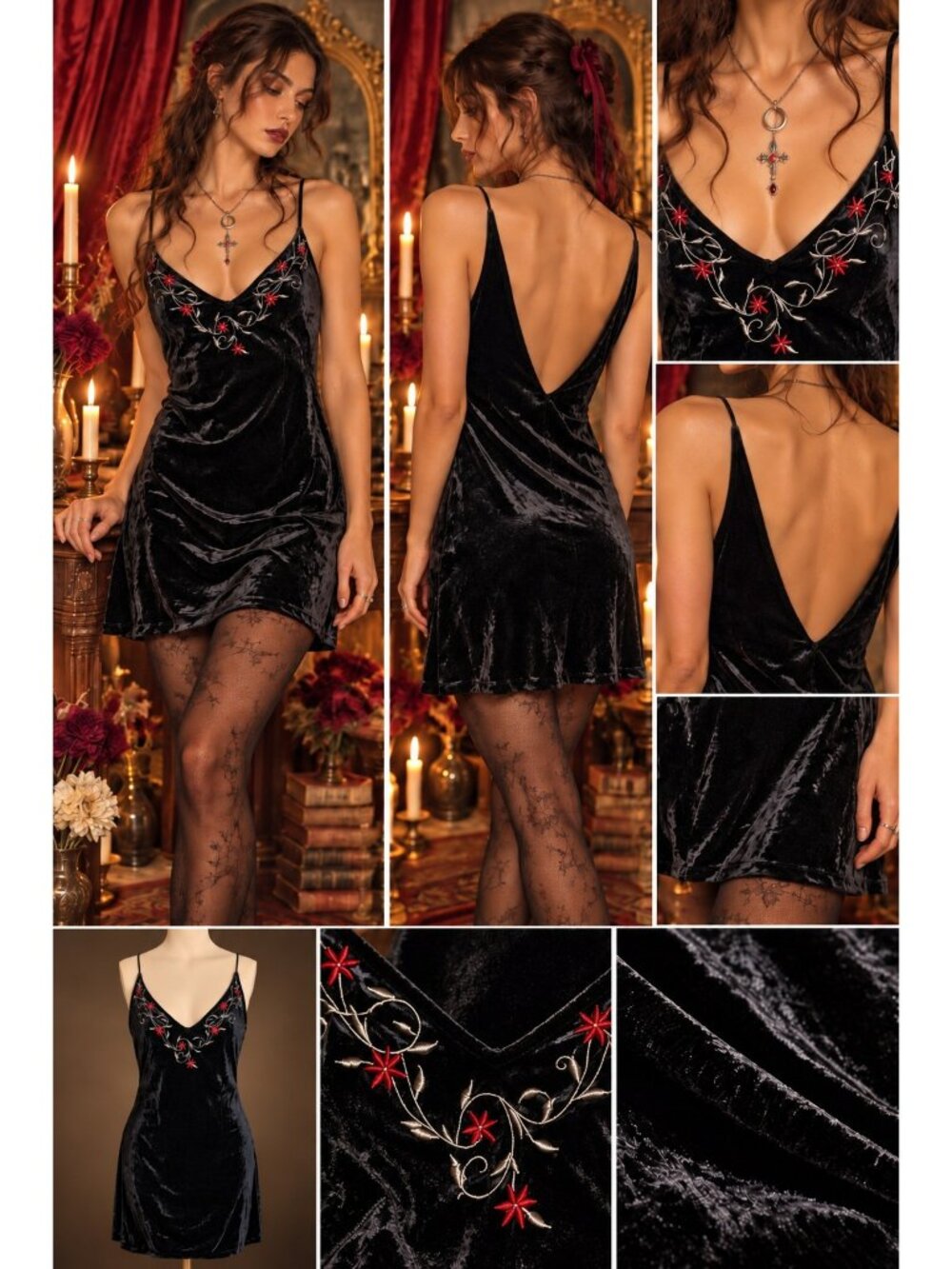 90s Whimsigoth Velvet Embroidered Mini Slip Dress Victorias Secret Romantic Goth